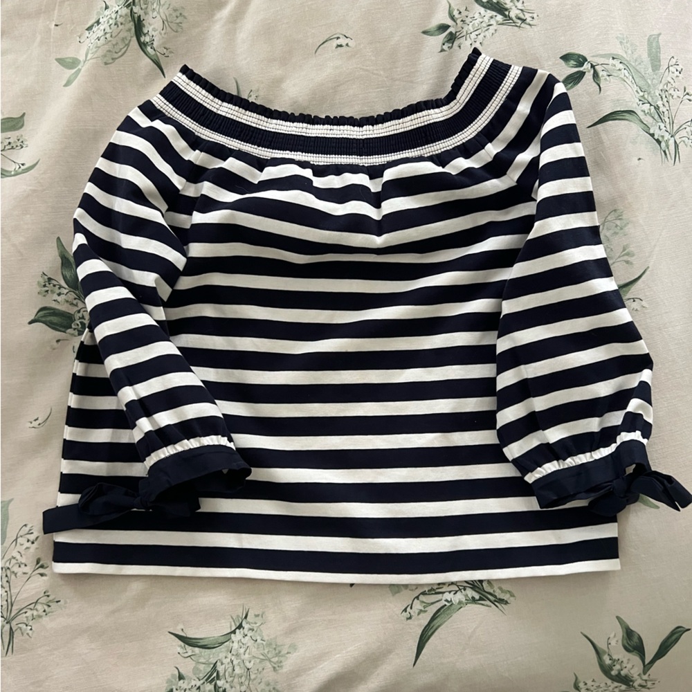 J. Crew Navy and White Striped Off the Shoulder Top, Size XS